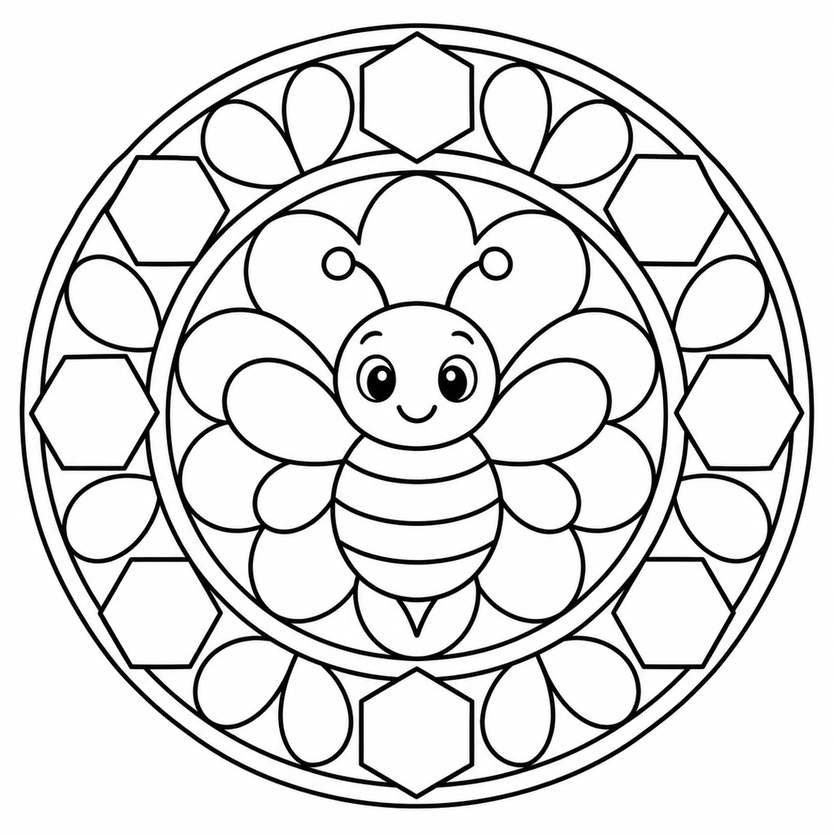 Smiling bee with broad stripes framed by flower petals and large hexagons