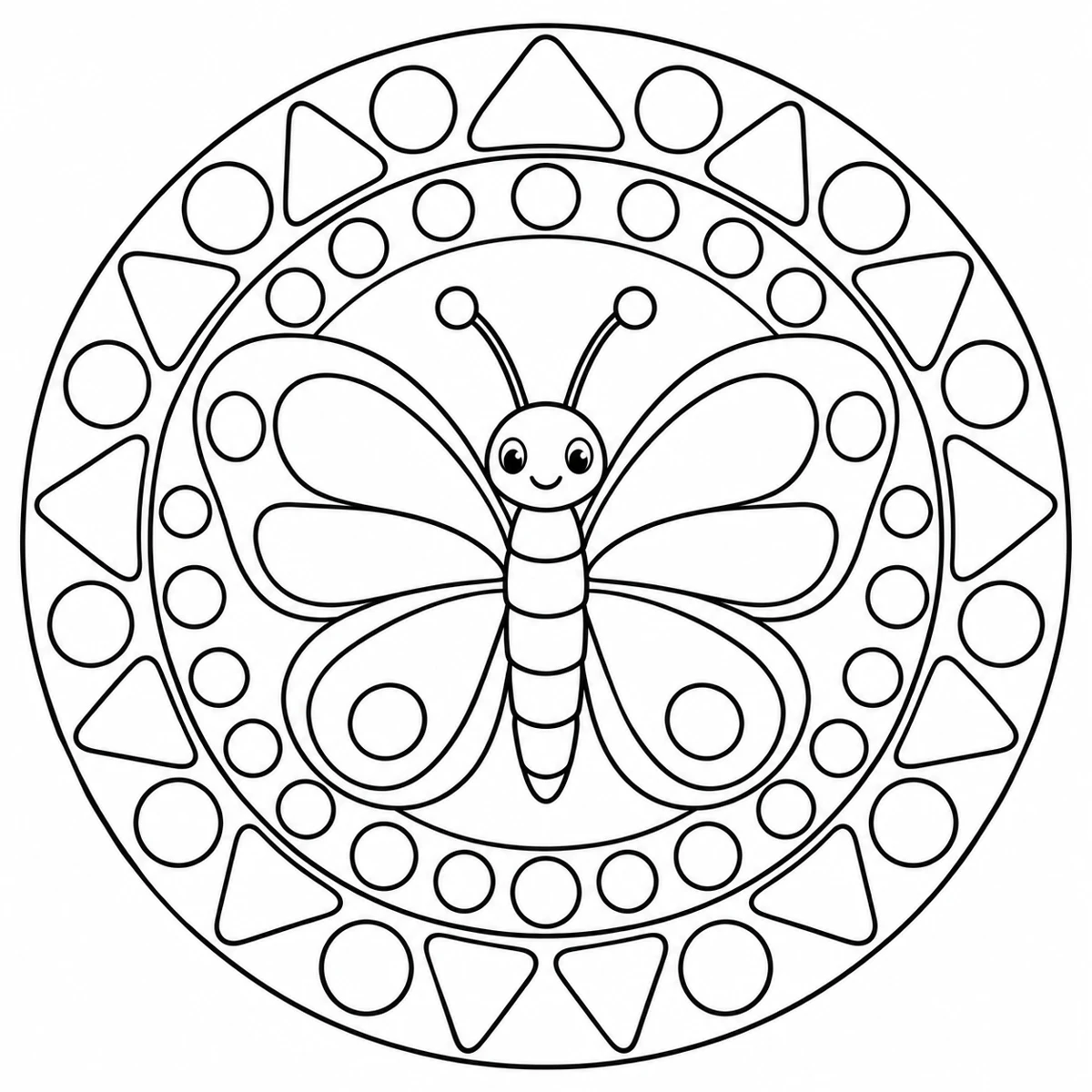 Friendly butterfly with broad wing sections inside rings of circles and rounded triangles