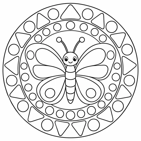 Friendly butterfly with broad wing sections inside rings of circles and rounded triangles
