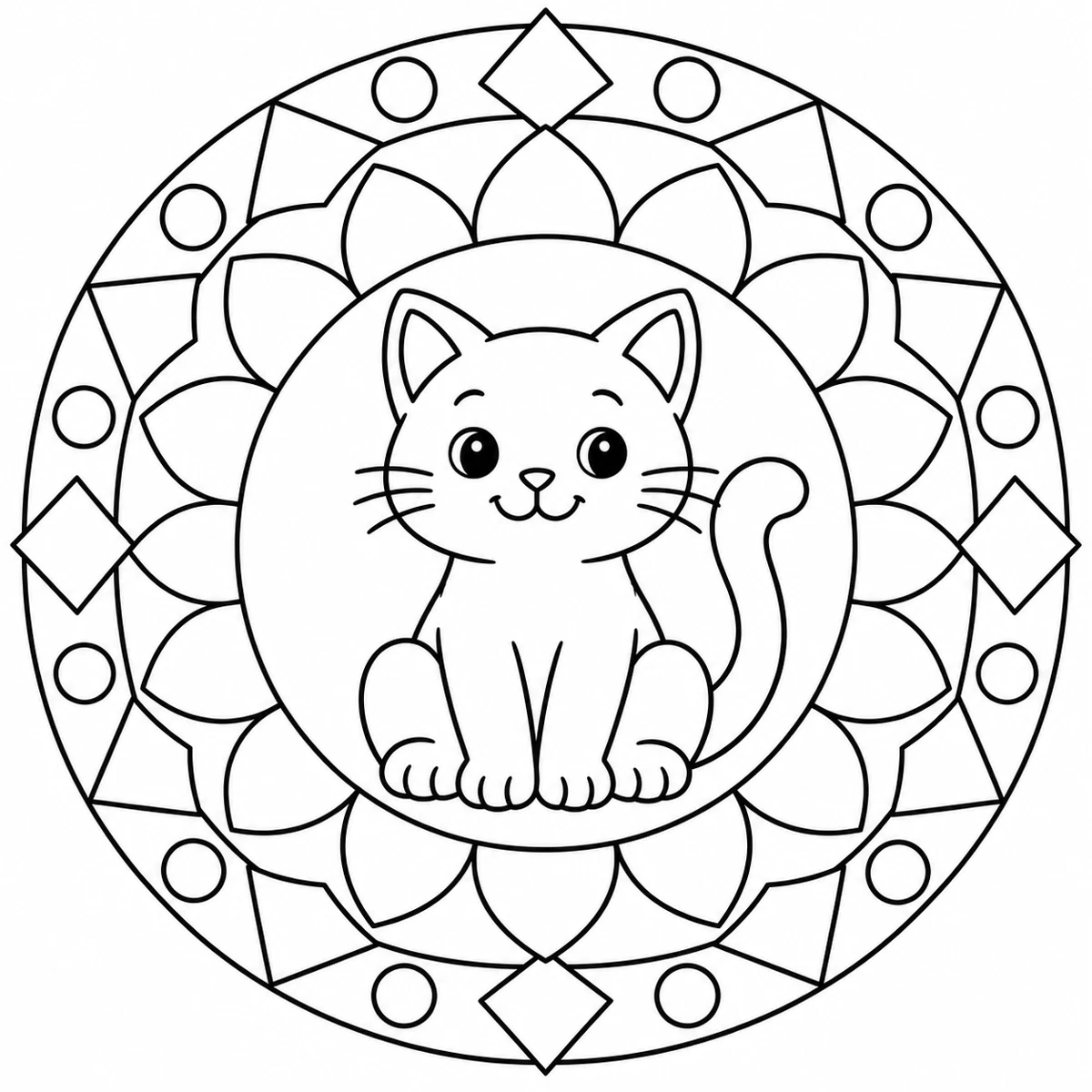 Seated smiling cat inside a circular petal and diamond mandala