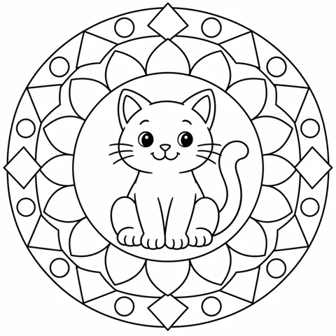 Seated smiling cat inside a circular petal and diamond mandala