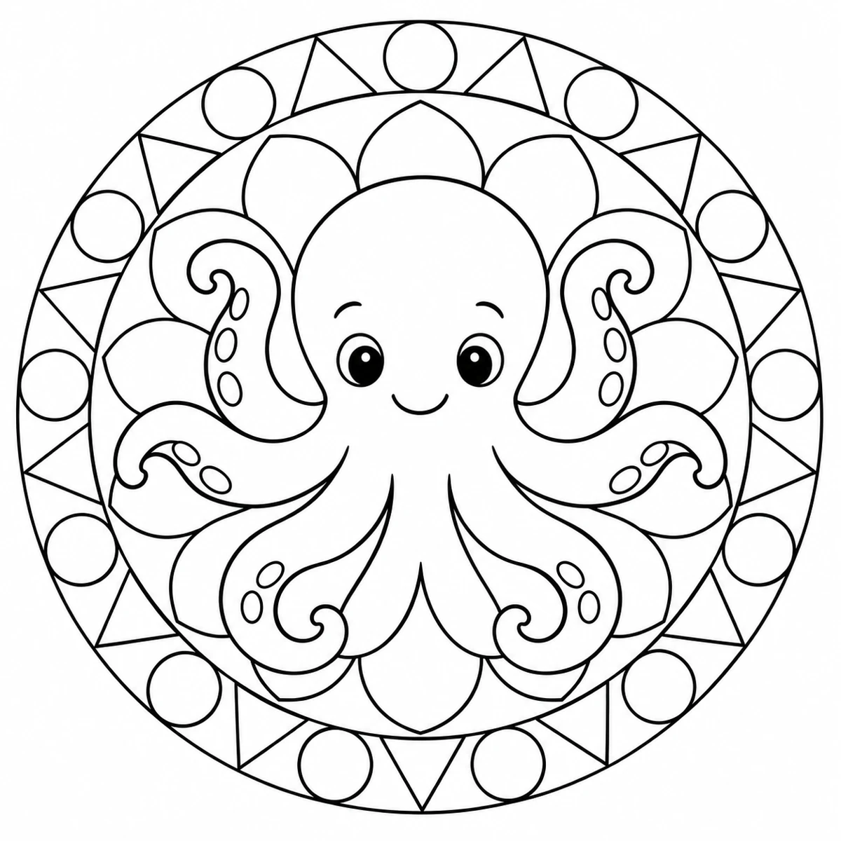 Smiling octopus surrounded by large petals, circles and triangles