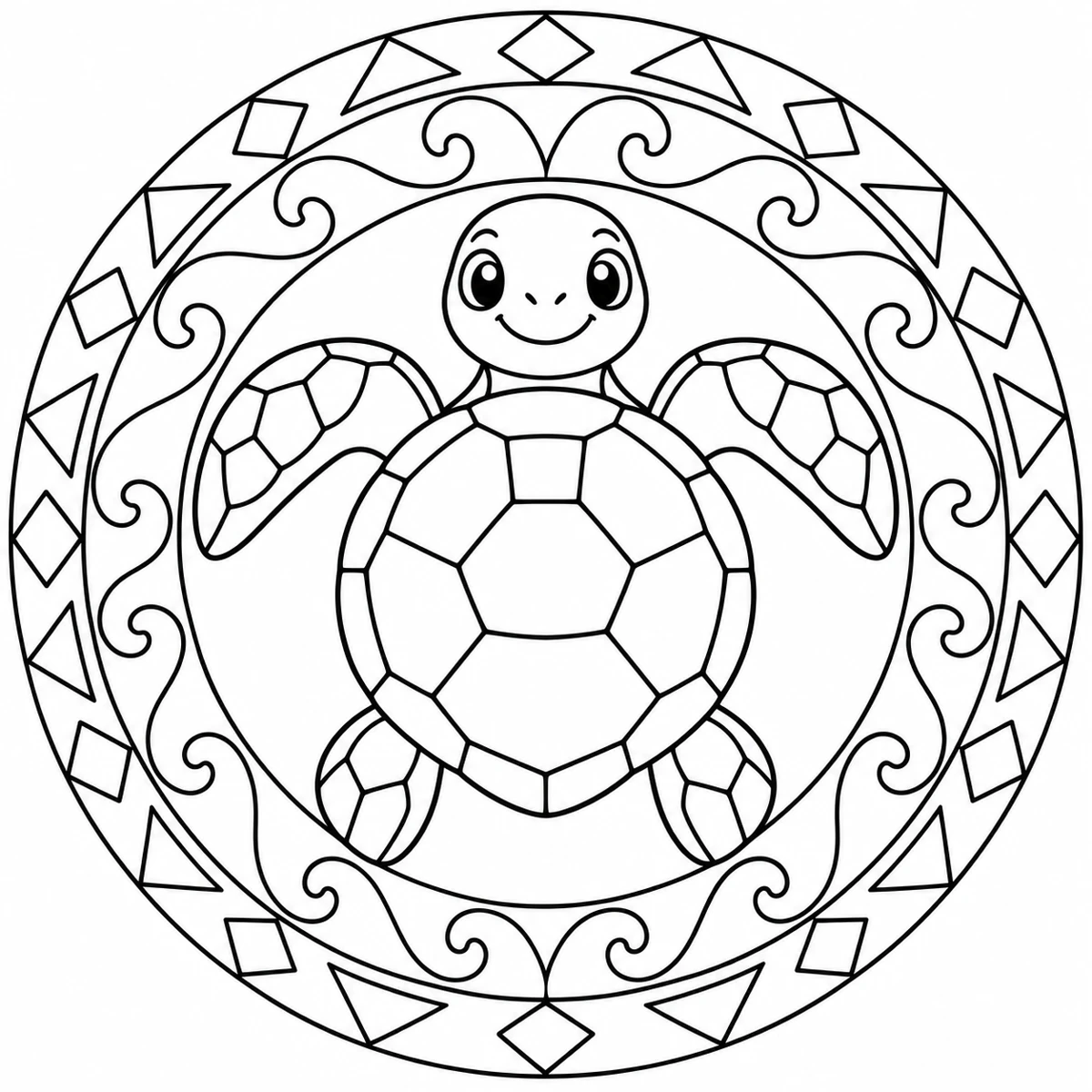 Sea turtle with a geometric shell framed by wave arcs, triangles and diamonds