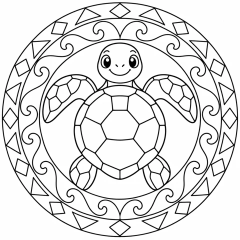 Sea turtle with a geometric shell framed by wave arcs, triangles and diamonds