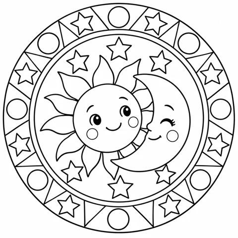 Smiling sun and crescent moon surrounded by stars and circular geometric sections