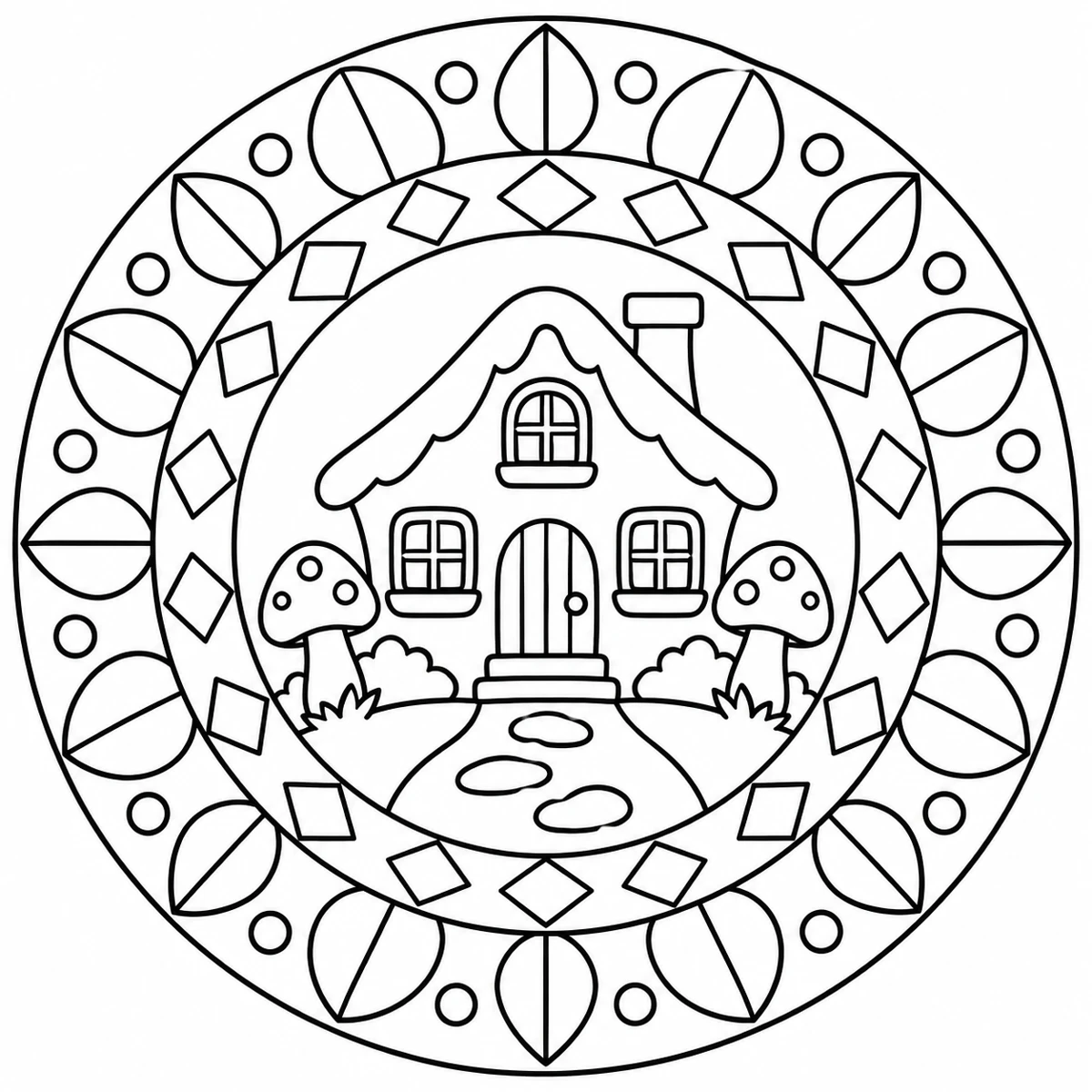 Small woodland cottage with mushrooms framed by repeating leaves and diamonds